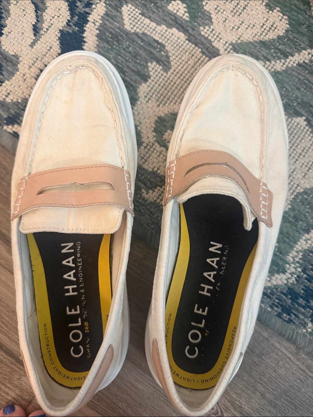 Cole Haan Women’s Canvas Penny Loafers in Beige with Tan Accents Size 8